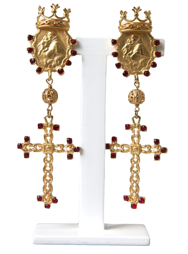 Dolce & Gabbana Gold Brass Crown Cross Crystal Clip On Dangling Earrings - Ellie Belle