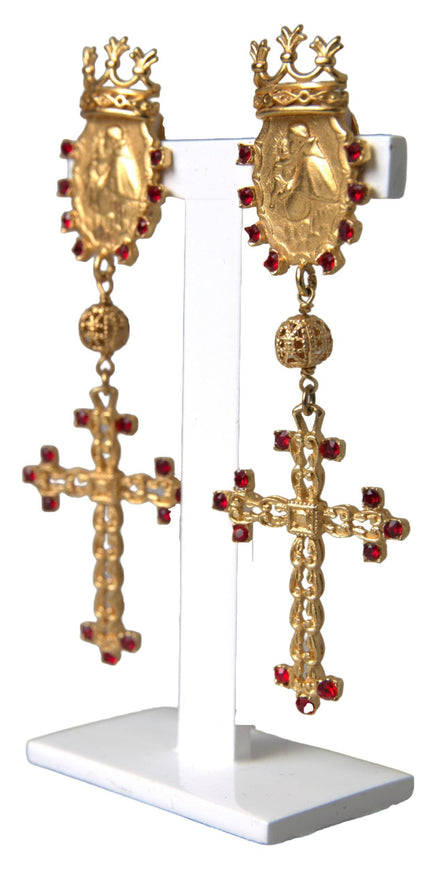 Dolce & Gabbana Gold Brass Crown Cross Crystal Clip On Dangling Earrings - Ellie Belle