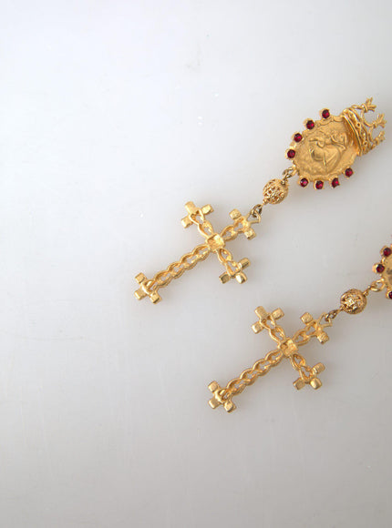 Dolce & Gabbana Gold Brass Crown Cross Crystal Clip On Dangling Earrings - Ellie Belle