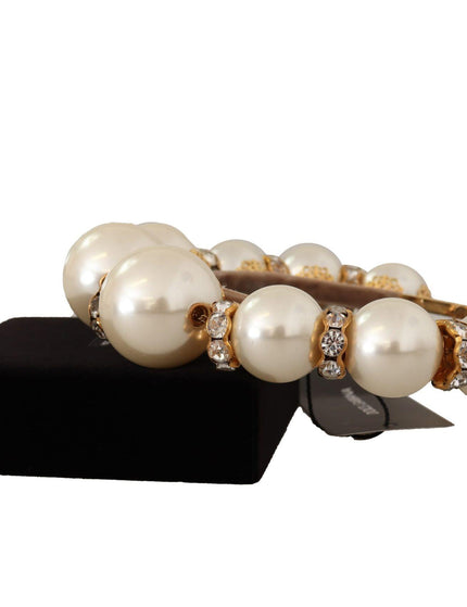 Dolce & Gabbana Gold Brass Crystal Faux Pearl Crown Logo Tiara Diadem - Ellie Belle