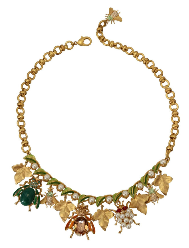 Dolce & Gabbana Gold Brass Crystal Logo Bug Floral Statement Necklace - Ellie Belle