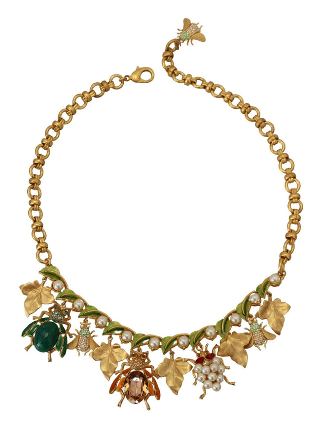 Dolce & Gabbana Gold Brass Crystal Logo Bug Floral Statement Necklace - Ellie Belle