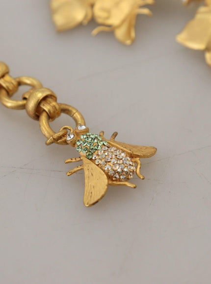 Dolce & Gabbana Gold Brass Crystal Logo Bug Floral Statement Necklace - Ellie Belle
