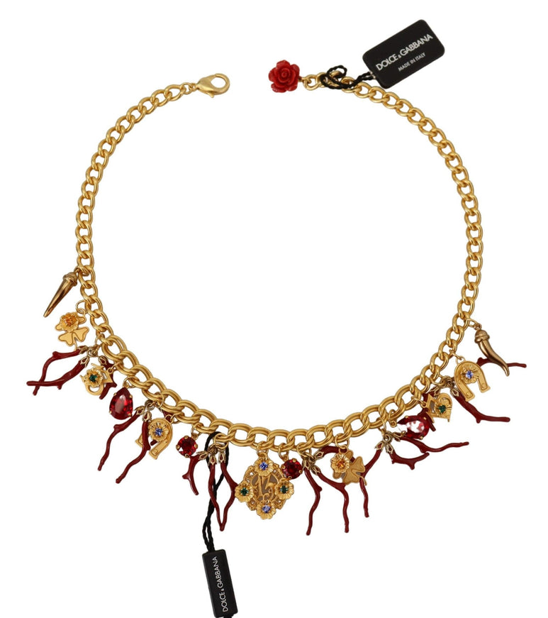 Dolce & Gabbana Gold Brass Crystal Logo Chili Statement Necklace - Ellie Belle