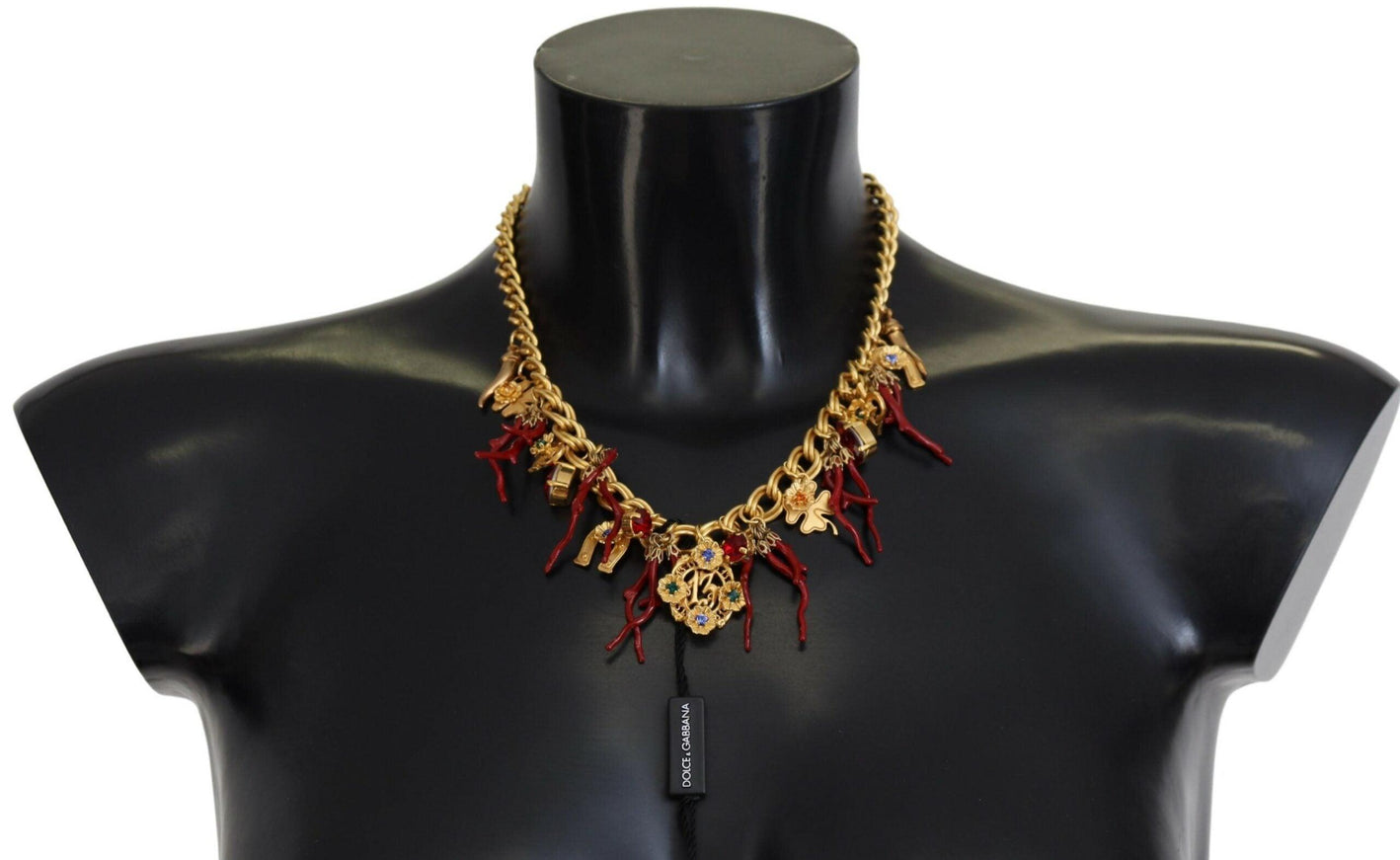 Dolce & Gabbana Gold Brass Crystal Logo Chili Statement Necklace - Ellie Belle