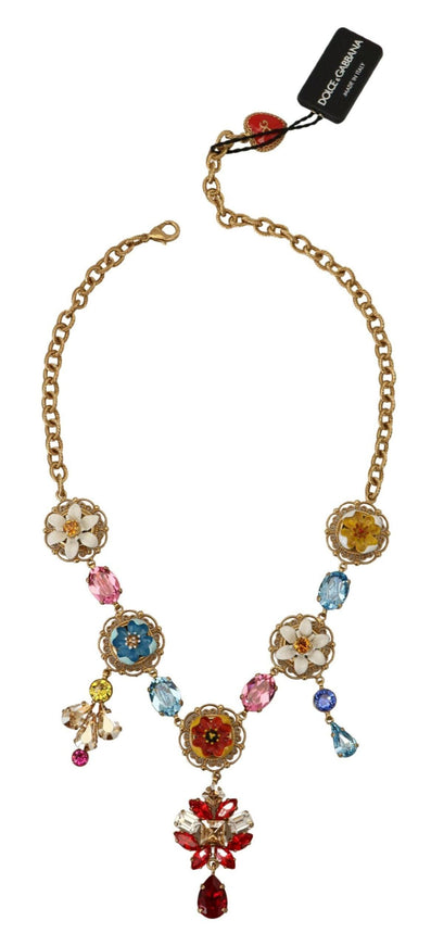 Dolce & Gabbana Gold Brass Crystal Logo Floral Statement Necklace - Ellie Belle