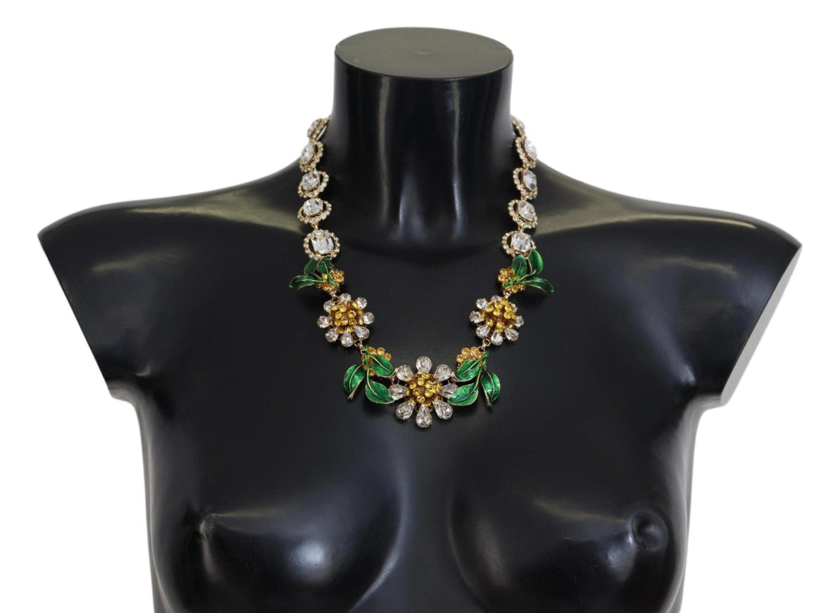 Dolce & Gabbana Gold Brass Crystal Logo Floral Statement Necklace - Ellie Belle