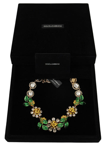 Dolce & Gabbana Gold Brass Crystal Logo Floral Statement Necklace - Ellie Belle