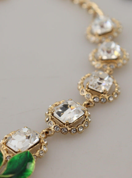 Dolce & Gabbana Gold Brass Crystal Logo Floral Statement Necklace - Ellie Belle