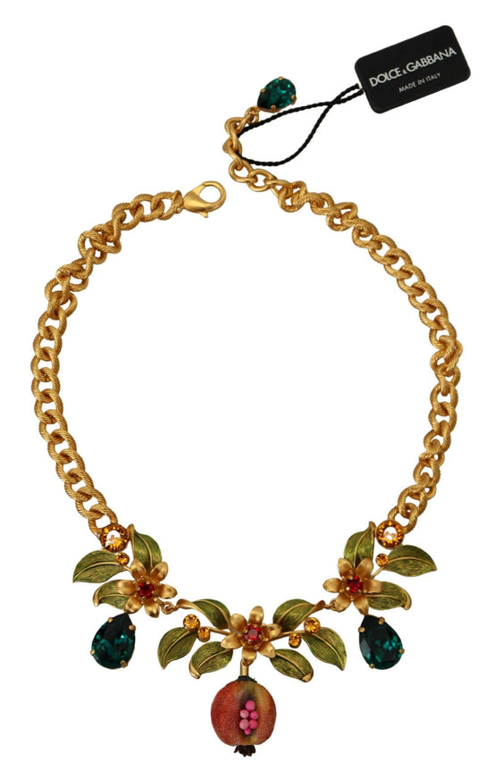 Dolce & Gabbana Gold Brass Crystal Logo Fruit Floral Statement Necklace - Ellie Belle