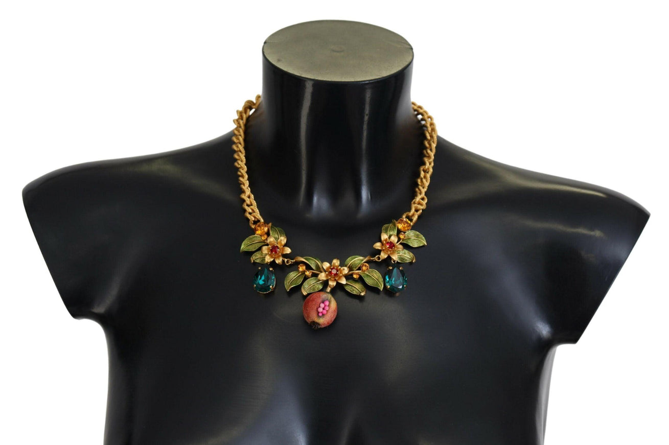 Dolce & Gabbana Gold Brass Crystal Logo Fruit Floral Statement Necklace - Ellie Belle