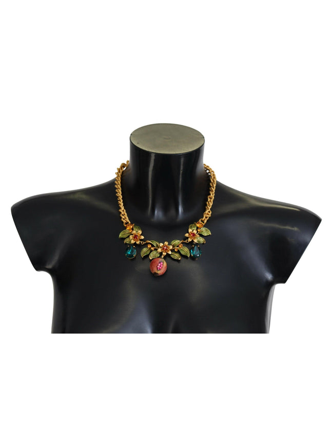 Dolce & Gabbana Gold Brass Crystal Logo Fruit Floral Statement Necklace - Ellie Belle