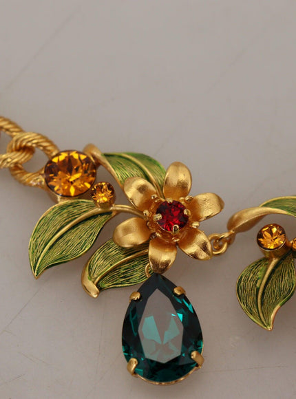 Dolce & Gabbana Gold Brass Crystal Logo Fruit Floral Statement Necklace - Ellie Belle
