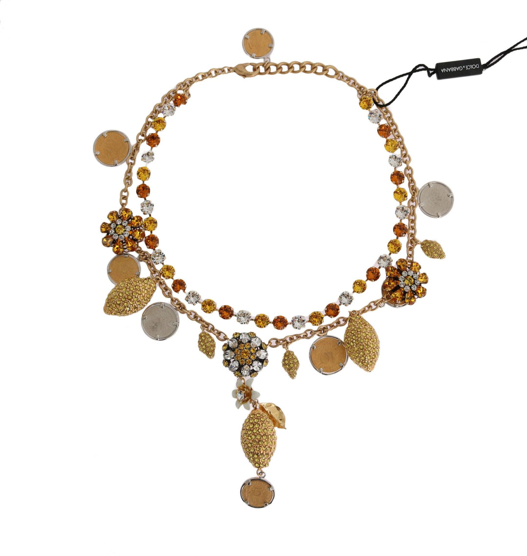 Dolce & Gabbana Gold Brass Crystal Logo Pineapple Statement Necklace - Ellie Belle