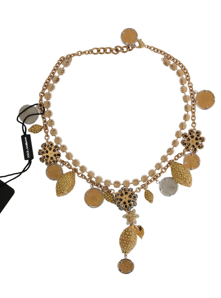 Dolce & Gabbana Gold Brass Crystal Logo Pineapple Statement Necklace - Ellie Belle