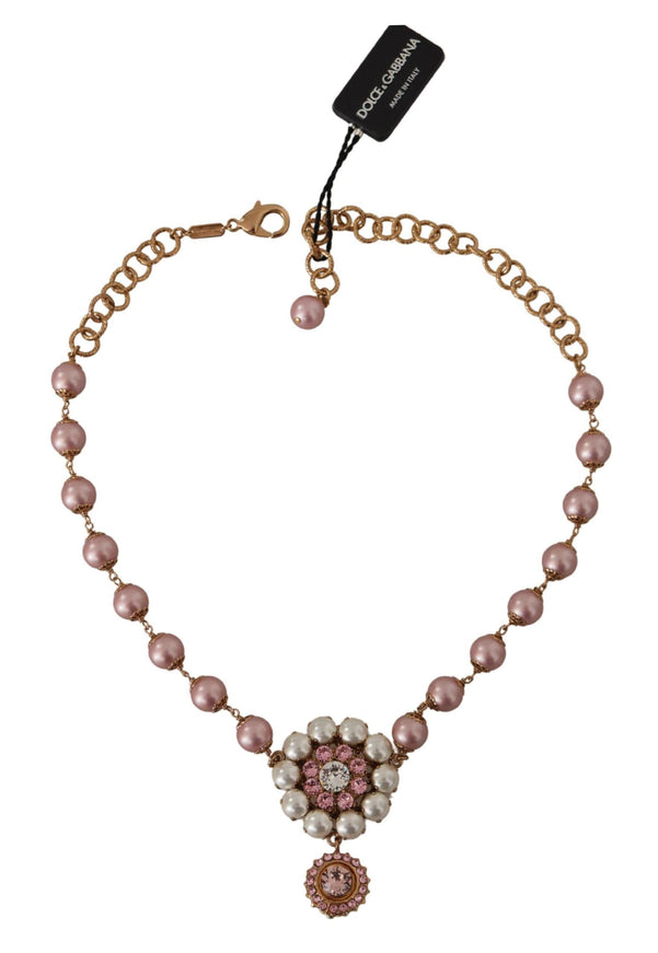 Dolce & Gabbana Gold Brass Crystal Pink Faux Pearl Pendants Necklace - Ellie Belle