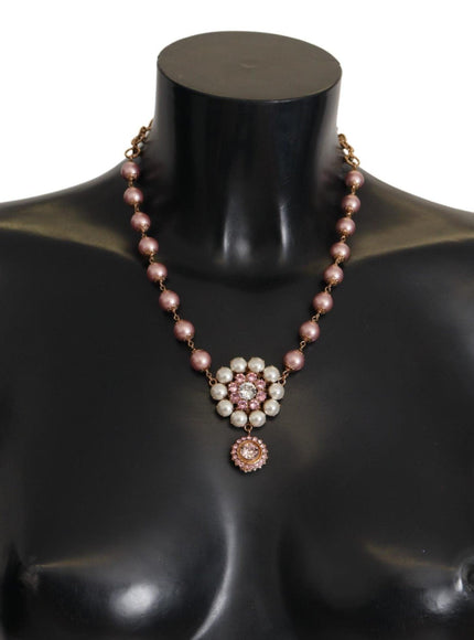 Dolce & Gabbana Gold Brass Crystal Pink Faux Pearl Pendants Necklace - Ellie Belle