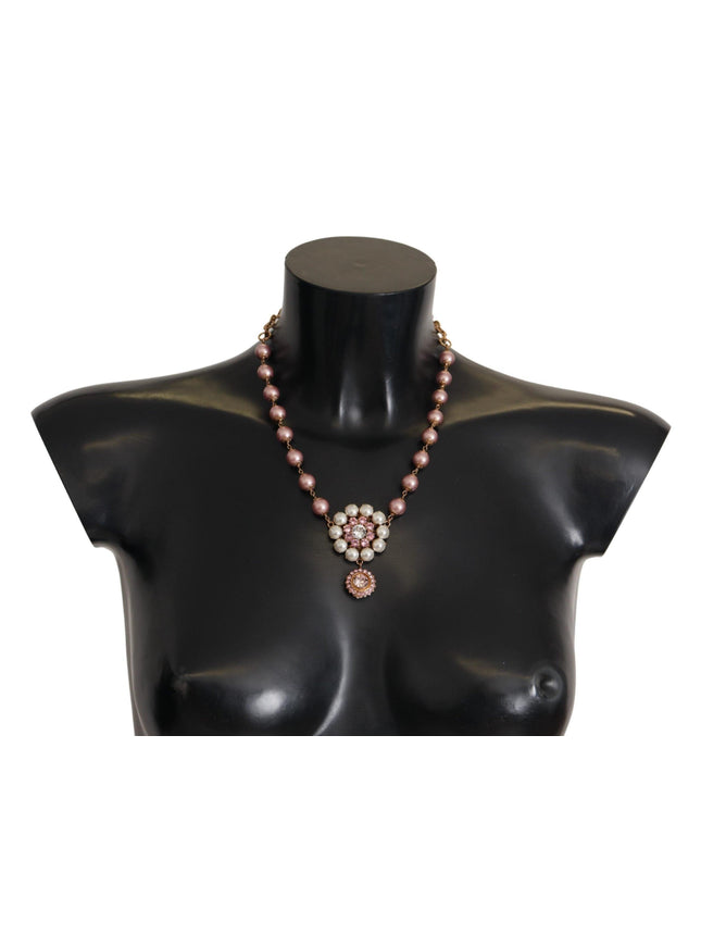 Dolce & Gabbana Gold Brass Crystal Pink Faux Pearl Pendants Necklace - Ellie Belle