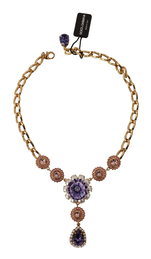 Dolce & Gabbana Gold Brass Crystal Purple Pink Pearl Pendants Necklace - Ellie Belle