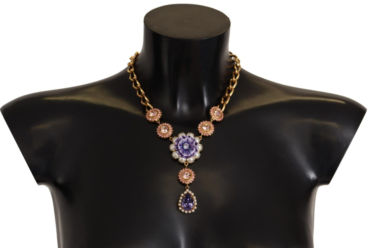 Dolce & Gabbana Gold Brass Crystal Purple Pink Pearl Pendants Necklace - Ellie Belle