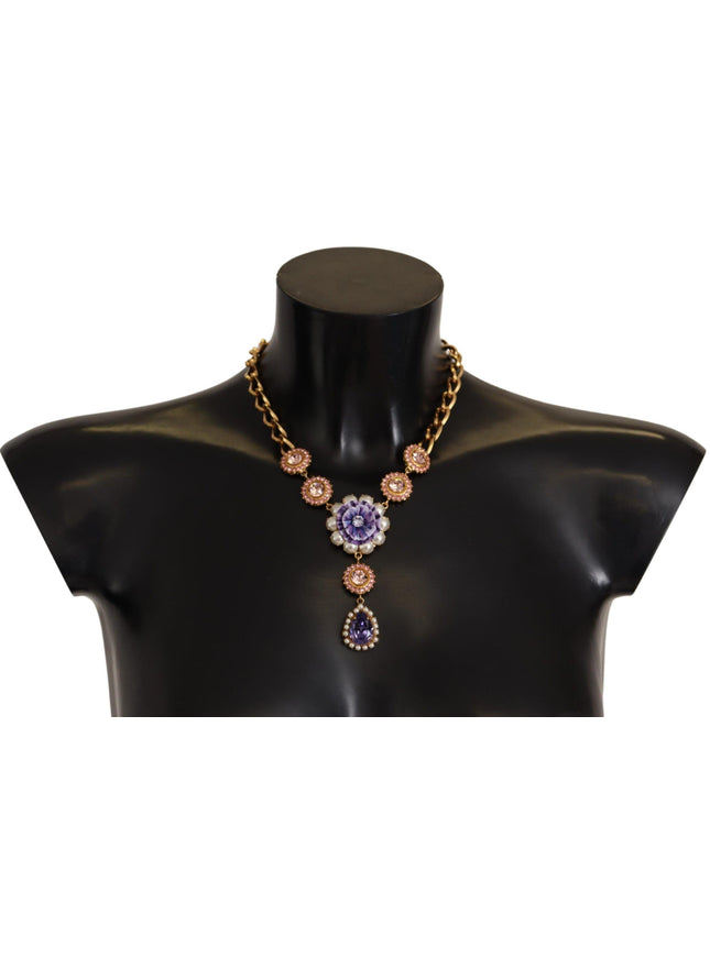 Dolce & Gabbana Gold Brass Crystal Purple Pink Pearl Pendants Necklace - Ellie Belle