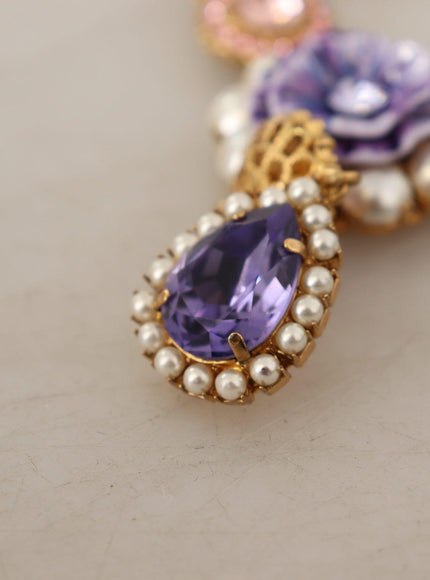Dolce & Gabbana Gold Brass Crystal Purple Pink Pearl Pendants Necklace - Ellie Belle