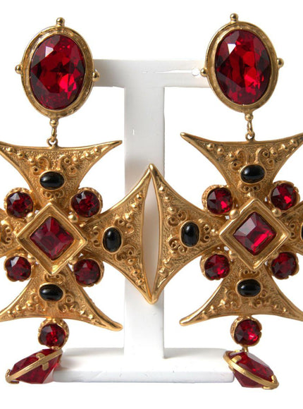 Dolce & Gabbana Gold Brass Maltese Cross Crystal Clip Dangling Earrings - Ellie Belle