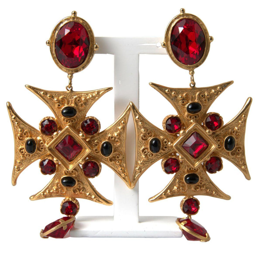 Dolce & Gabbana Gold Brass Maltese Cross Crystal Clip Dangling Earrings - Ellie Belle