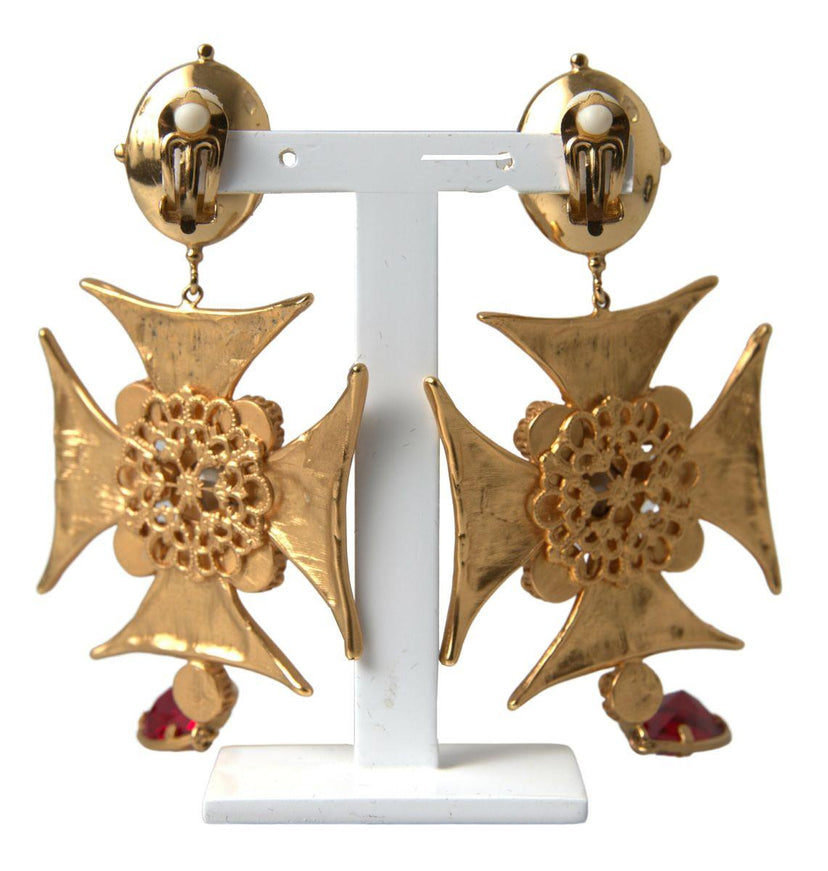 Dolce & Gabbana Gold Brass Maltese Cross Crystal Clip Dangling Earrings - Ellie Belle