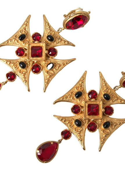 Dolce & Gabbana Gold Brass Maltese Cross Crystal Clip Dangling Earrings - Ellie Belle