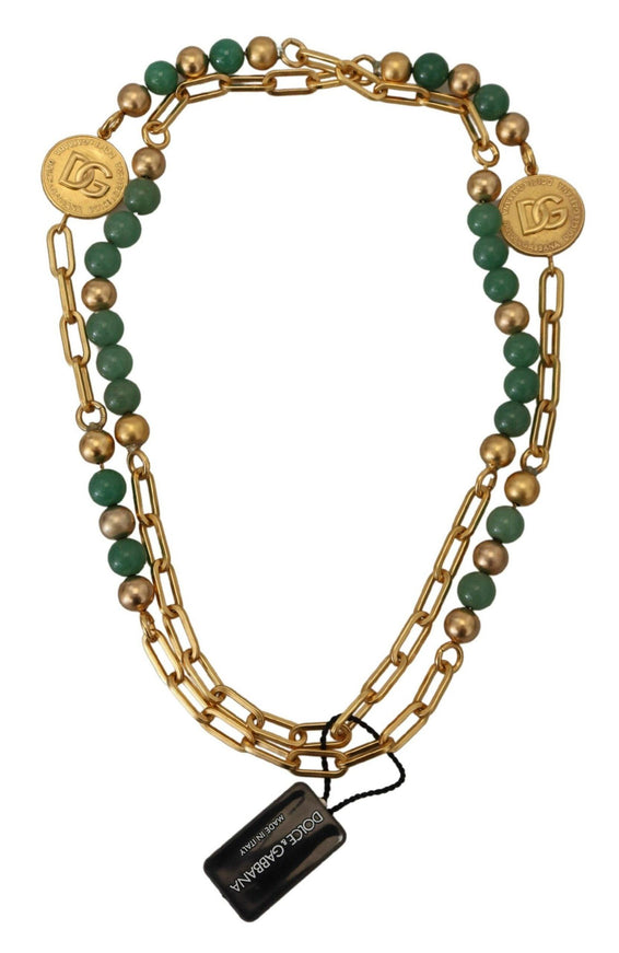 Dolce & Gabbana Gold Brass Natural Gem Beaded Logo Chain Necklace - Ellie Belle