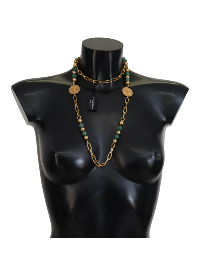 Dolce & Gabbana Gold Brass Natural Gem Beaded Logo Chain Necklace - Ellie Belle