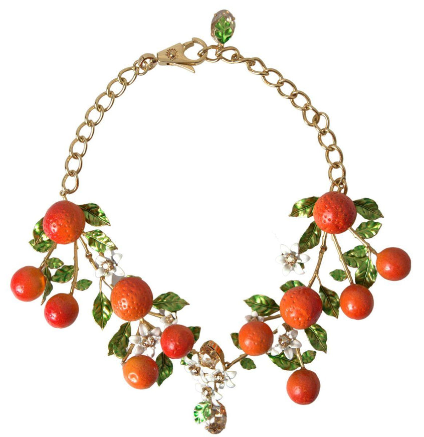 Dolce & Gabbana Gold Brass Oranges Flowers Crystal Chain Link Necklace - Ellie Belle