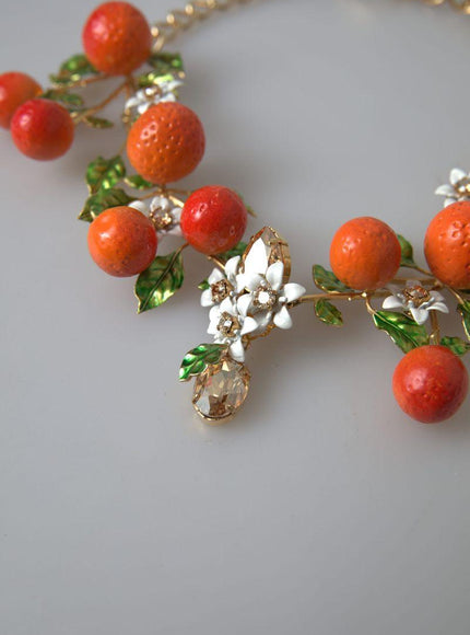 Dolce & Gabbana Gold Brass Oranges Flowers Crystal Chain Link Necklace - Ellie Belle