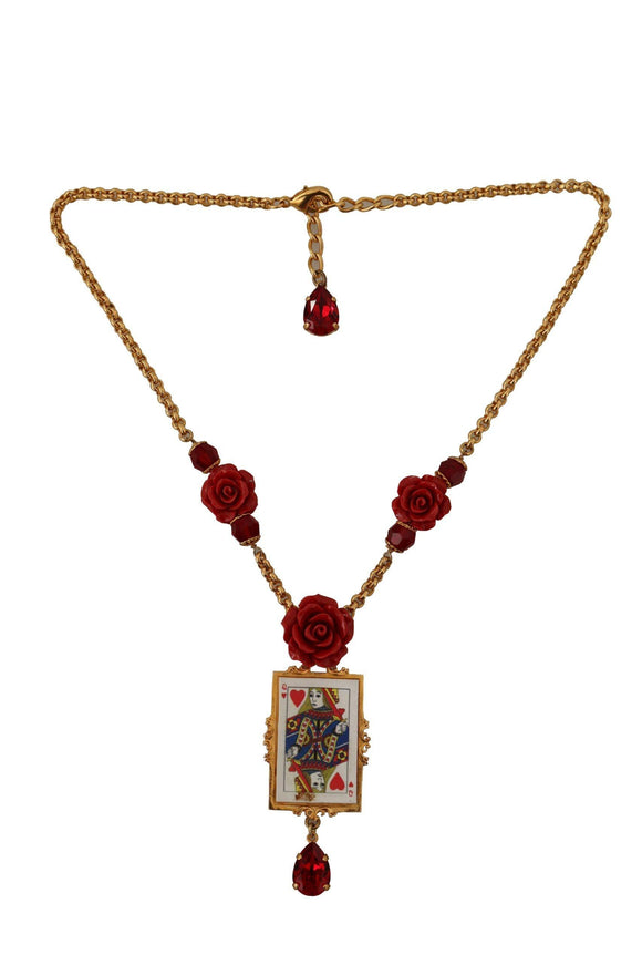 Dolce & Gabbana Gold Brass Queen Card Deck Statement Crystal Chain Necklace - Ellie Belle