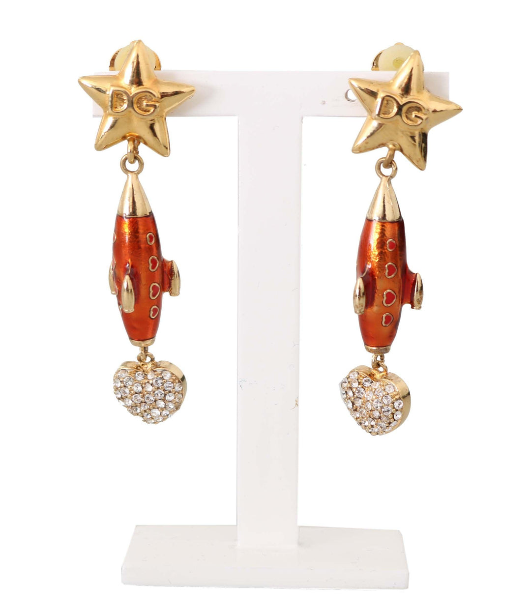 Dolce & Gabbana Gold Brass Rocket Crystal Design Dangling Earrings - Ellie Belle
