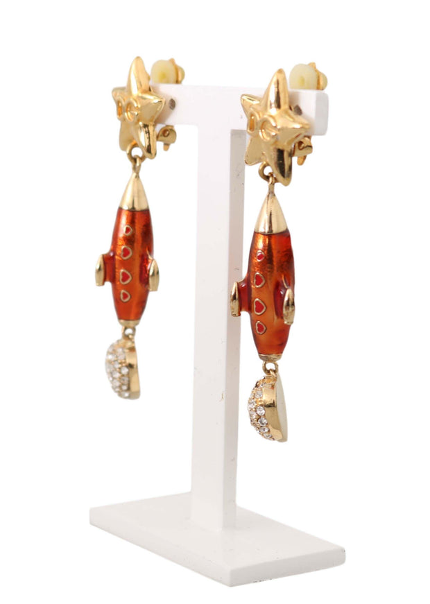 Dolce & Gabbana Gold Brass Rocket Crystal Design Dangling Earrings - Ellie Belle