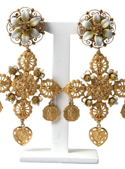 Dolce & Gabbana Gold Brass Sicily Cross Madonna Flower Clip On Earrings - Ellie Belle