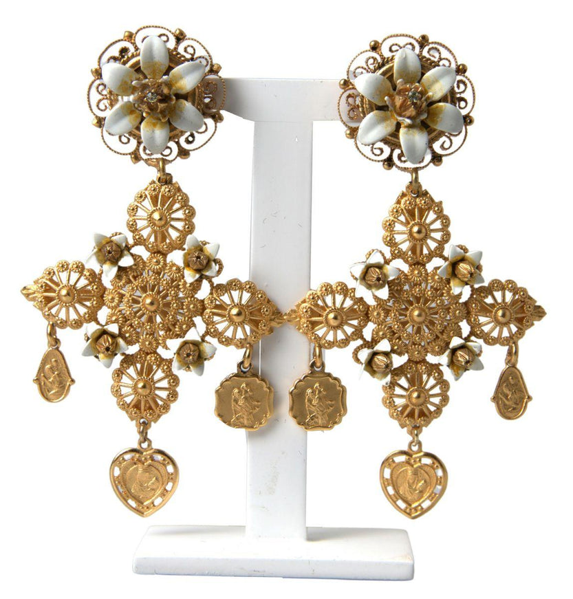 Dolce & Gabbana Gold Brass Sicily Cross Madonna Flower Clip On Earrings - Ellie Belle