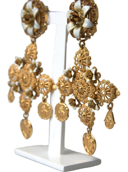 Dolce & Gabbana Gold Brass Sicily Cross Madonna Flower Clip On Earrings - Ellie Belle