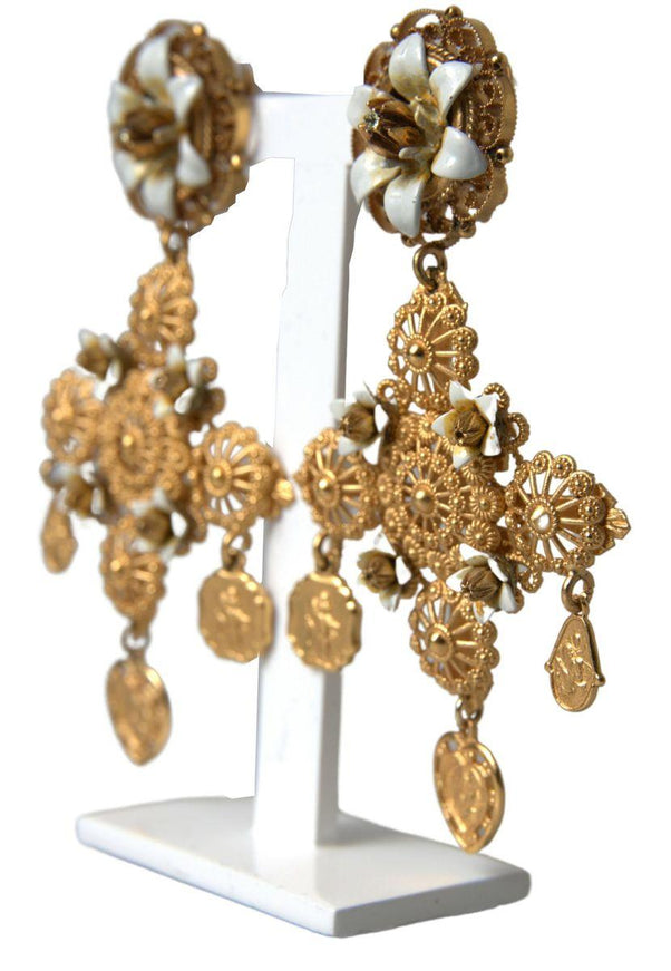 Dolce & Gabbana Gold Brass Sicily Cross Madonna Flower Clip On Earrings - Ellie Belle