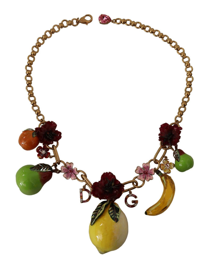 Dolce & Gabbana Gold Brass Sicily Fruits Roses Statement Necklace - Ellie Belle