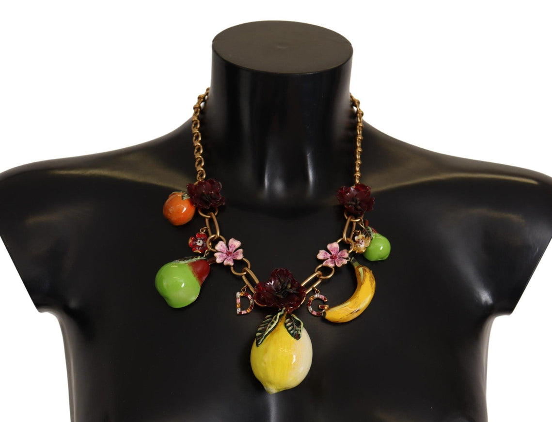 Dolce & Gabbana Gold Brass Sicily Fruits Roses Statement Necklace - Ellie Belle