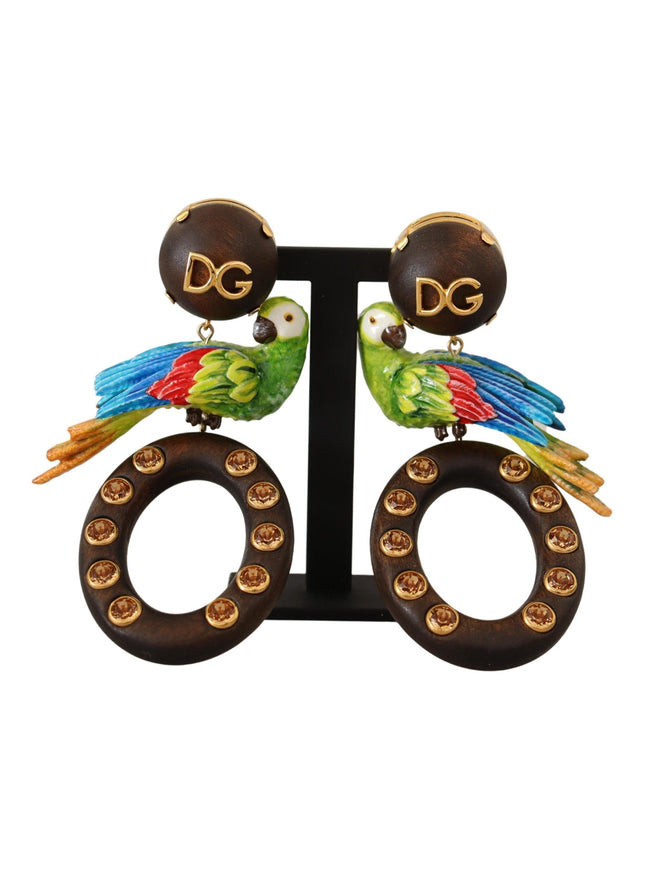 Dolce & Gabbana Gold Brass Wood Parrot Hoop Clip-on Jewelry Dangling Earrings - Ellie Belle