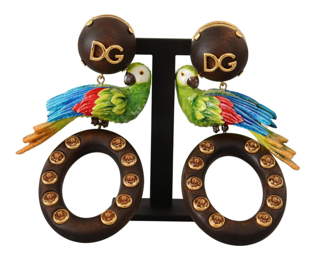 Dolce & Gabbana Gold Brass Wood Parrot Hoop Clip-on Jewelry Dangling Earrings - Ellie Belle