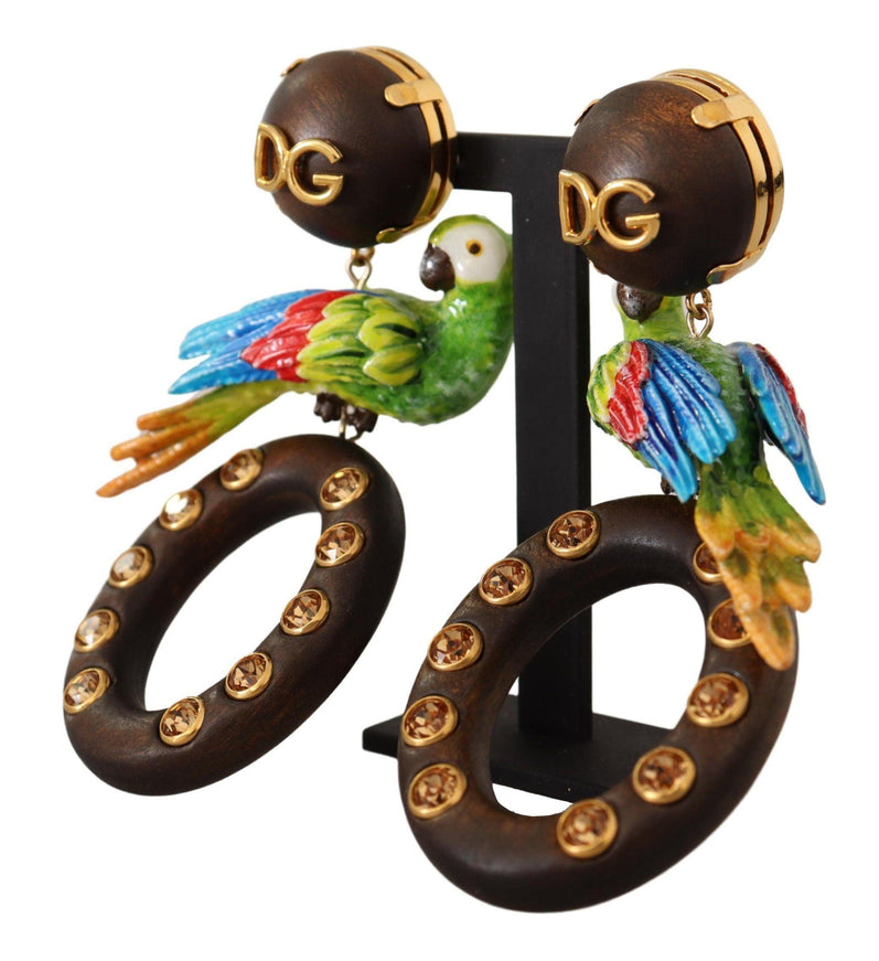 Dolce & Gabbana Gold Brass Wood Parrot Hoop Clip-on Jewelry Dangling Earrings - Ellie Belle