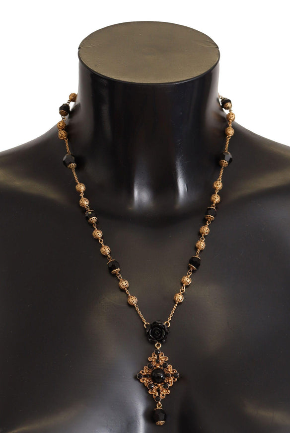 Dolce & Gabbana Gold Chain Brass Black Roses Beaded Statement Sicily Necklace - Ellie Belle