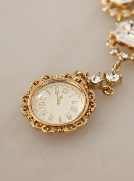Dolce & Gabbana Gold Clock Statement Crystal Chain Necklace - Ellie Belle