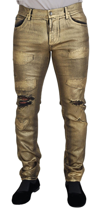 Dolce & Gabbana Gold Cotton Tattered Skinny Men Denim Jeans - Ellie Belle