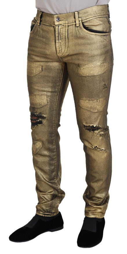 Dolce & Gabbana Gold Cotton Tattered Skinny Men Denim Jeans - Ellie Belle